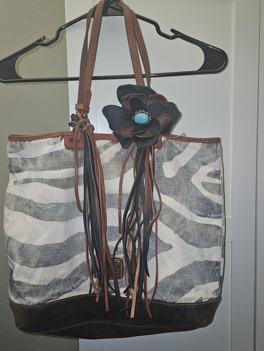 Upcycled Dooney And Bourke Canvas Zebra Print Tote Bag with Leather Trim.